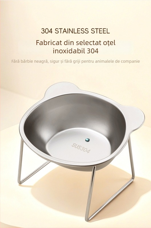 Vas dublu pentru pisici din oțel inoxidabil, cu suport înălțat și protecție anti-răsturnare