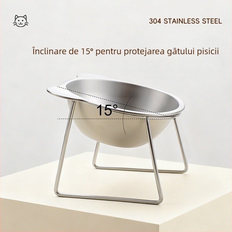 Vas dublu pentru pisici din oțel inoxidabil, cu suport înălțat și protecție anti-răsturnare
