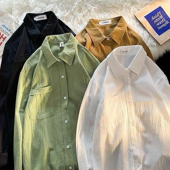 Cămașă din cânepă, mâneci lungi, croială lejeră, guler tip lapel, pentru primăvară și toamnă