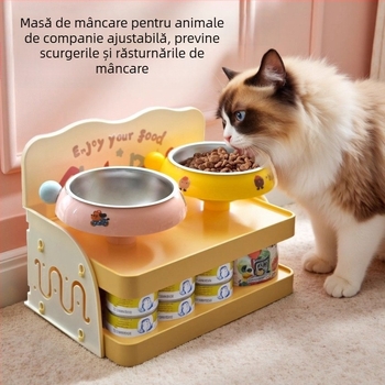 Suport dublu etajat pentru boluri de pisică pentru hranire (Material: PP; Brand: He Ou; Model: Dopamine Dining Table; Categoria: Accesorii de hrănire pentru animale)
