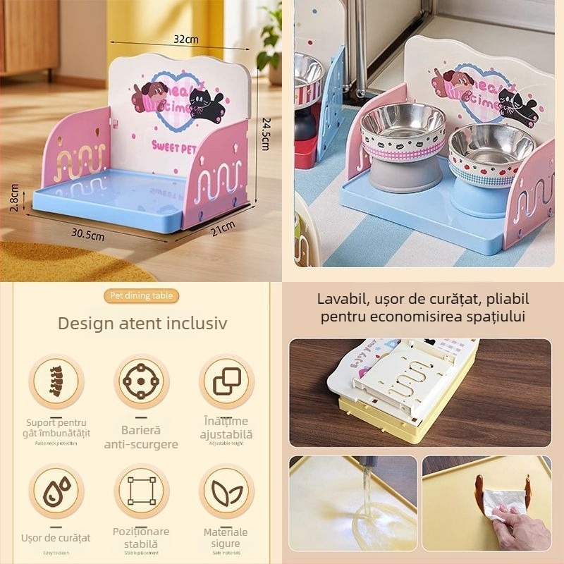 Suport dublu etajat pentru boluri de pisică pentru hranire (Material: PP; Brand: He Ou; Model: Dopamine Dining Table; Categoria: Accesorii de hrănire pentru animale)