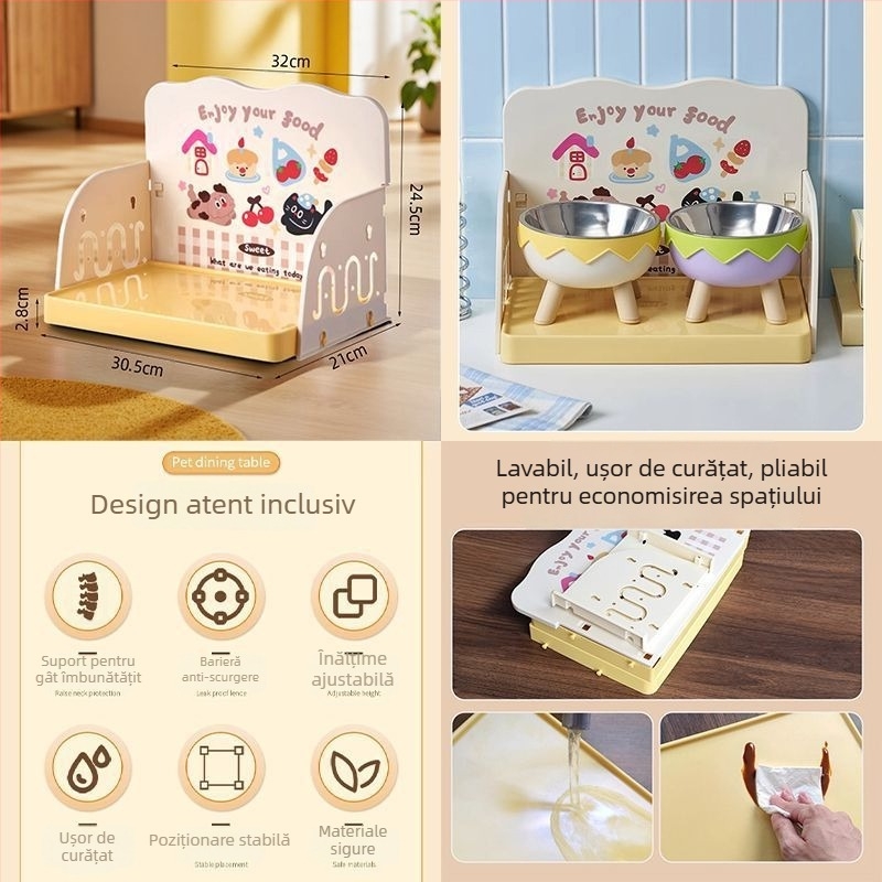 Suport dublu etajat pentru boluri de pisică pentru hranire (Material: PP; Brand: He Ou; Model: Dopamine Dining Table; Categoria: Accesorii de hrănire pentru animale)