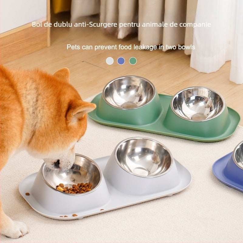 Anti-leak bol dublu pentru animale de companie - oțel inoxidabil, pentru pisică, 350 g, origine Zhejiang