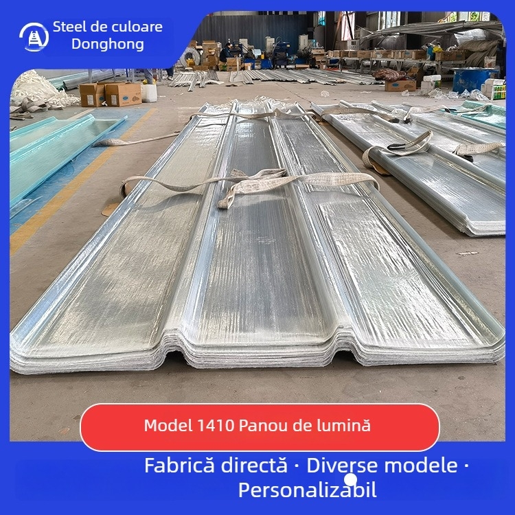 Panouri FRP transparente cu margine de oțel, ignifuge, UV rezistente, transmisie luminoasă ≥70%, pentru iluminat de pe acoperiș în structuri din oțel (Tipuri 470/760/820/940/1410)