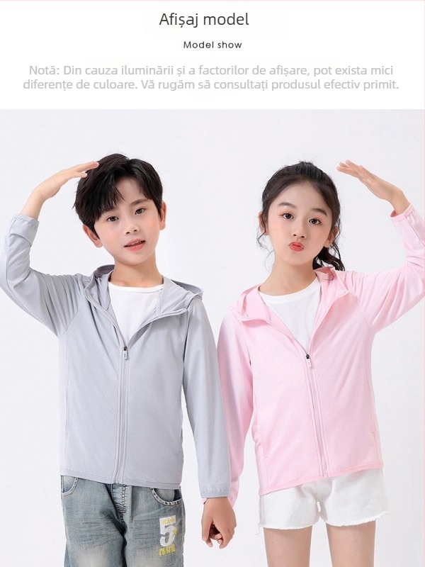 Jachetă pentru copii cu glugă, protecție UV UPF50, uscare rapidă, respirabilă, Ice Silk material