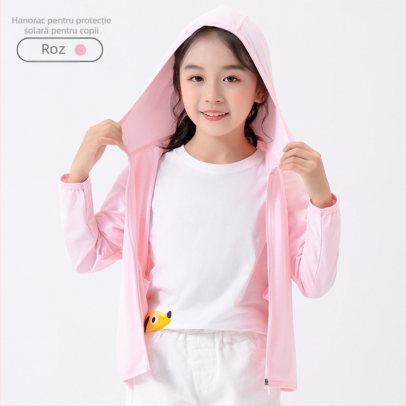 Jachetă pentru copii cu glugă, protecție UV UPF50, uscare rapidă, respirabilă, Ice Silk material