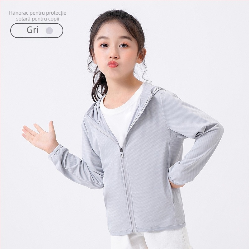 Jachetă pentru copii cu glugă, protecție UV UPF50, uscare rapidă, respirabilă, Ice Silk material