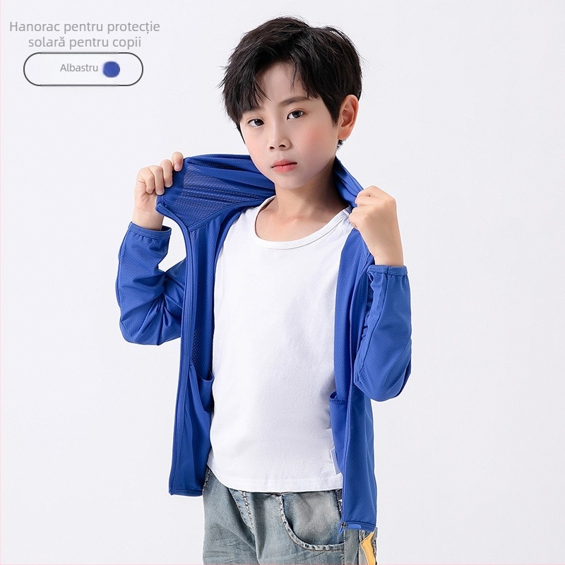 Jachetă pentru copii cu glugă, protecție UV UPF50, uscare rapidă, respirabilă, Ice Silk material