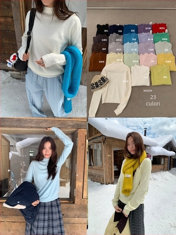 Pulover croială lejeră, mâneci lungi, guler semi-înalt, tricot acril-poliester, stil korean casual