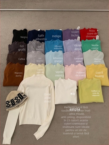 Pulover croială lejeră, mâneci lungi, guler semi-înalt, tricot acril-poliester, stil korean casual