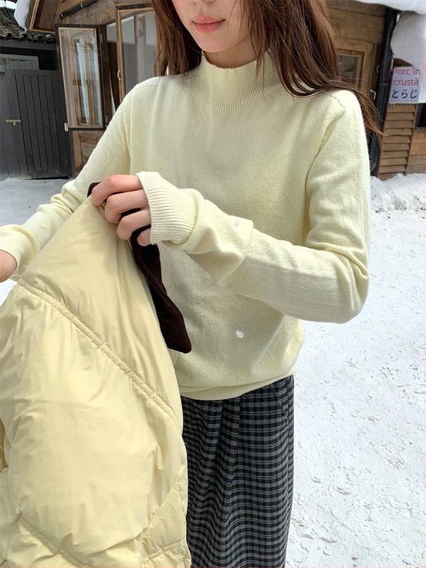 Pulover croială lejeră, mâneci lungi, guler semi-înalt, tricot acril-poliester, stil korean casual