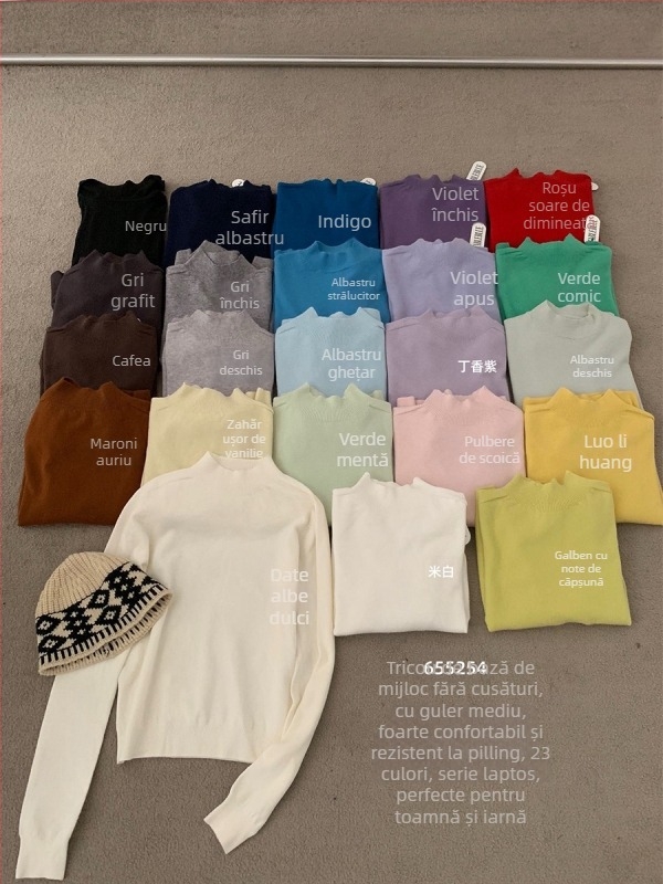 Pulover croială lejeră, mâneci lungi, guler semi-înalt, tricot acril-poliester, stil korean casual