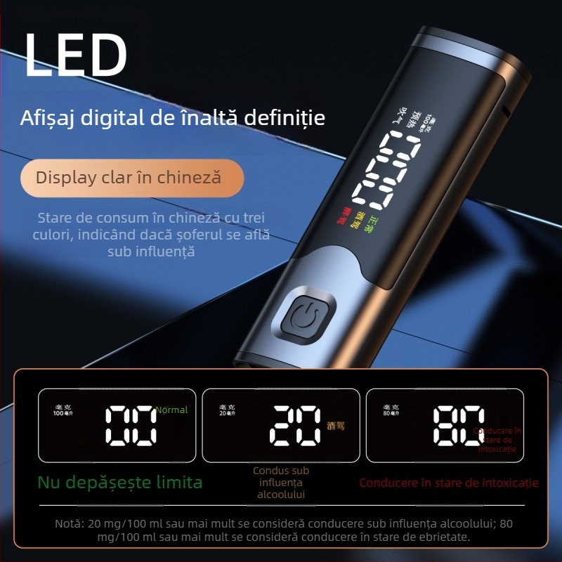 Detector portabil de alcool pentru mașini — precizie înaltă, aliaj de aluminiu + ABS