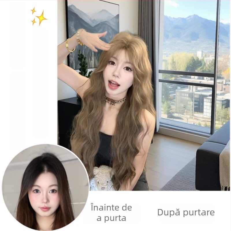 Perucă lungă, bucle, din mătase rezistentă la temperaturi înalte, stil coreean, parte medie, construcție mecanică