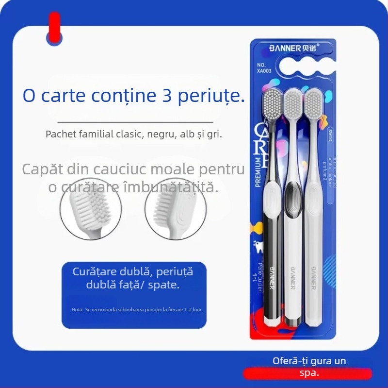 Oralgos periuță de dinți manuală DB-XA007, pachet de două, perii moi, cap lat, protecție a gingiilor, mâner antiderapant