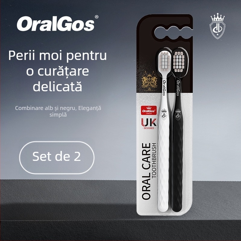 Oralgos periuță de dinți manuală DB-XA007, pachet de două, perii moi, cap lat, protecție a gingiilor, mâner antiderapant