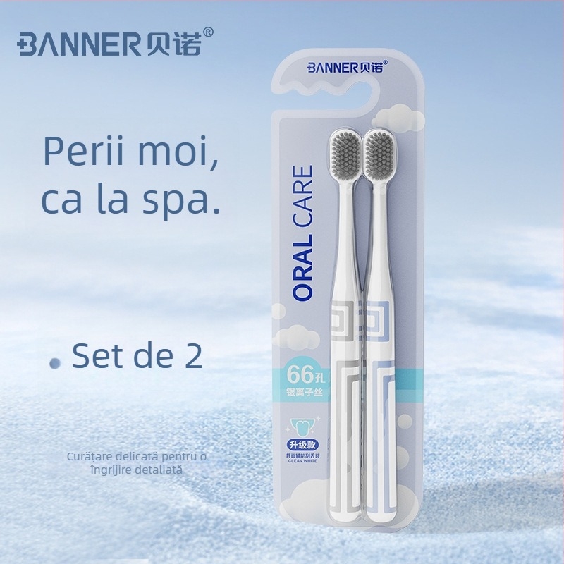 Oralgos periuță de dinți manuală DB-XA007, pachet de două, perii moi, cap lat, protecție a gingiilor, mâner antiderapant