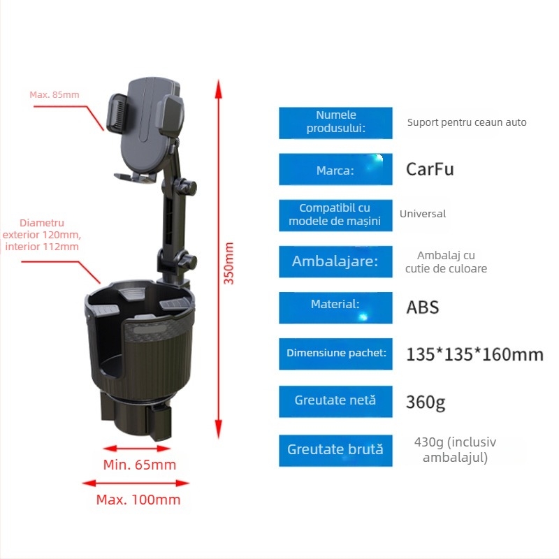 Suport auto pentru pahare cu suport pentru telefon – ABS, model AC-2394, brand carfu