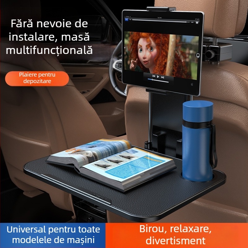 Masă pentru bancheta din spate a mașinii – multifuncțională, pliabilă, ușor de asamblat/demontat; Material: plastic; Montaj pe perete; Marcă: Helloleiboo/Leiben; Compatibil universal