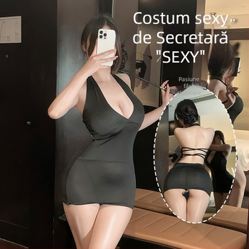 Fustă scurtă de lenjerie cu decolteu adânc în V, design inspirat de uniformă; material poliester, 90–95% poliester