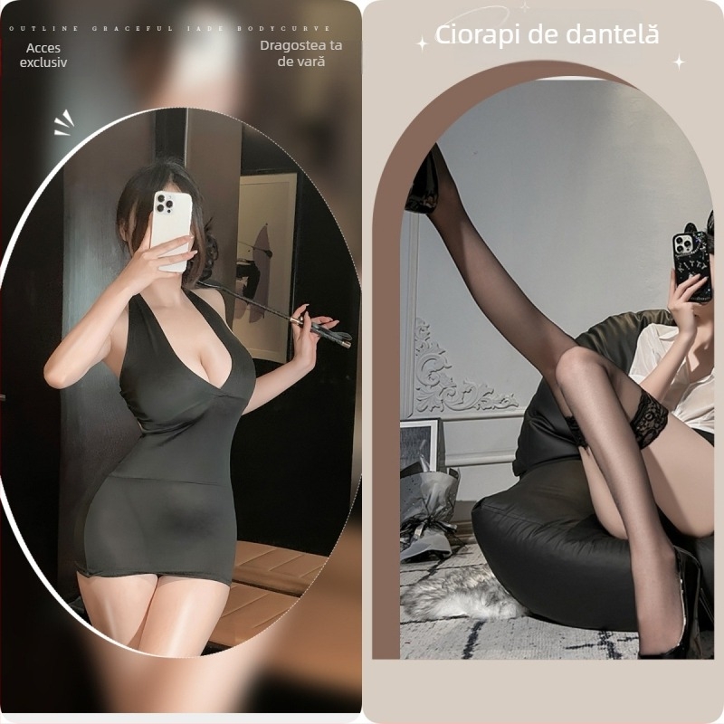 Fustă scurtă de lenjerie cu decolteu adânc în V, design inspirat de uniformă; material poliester, 90–95% poliester