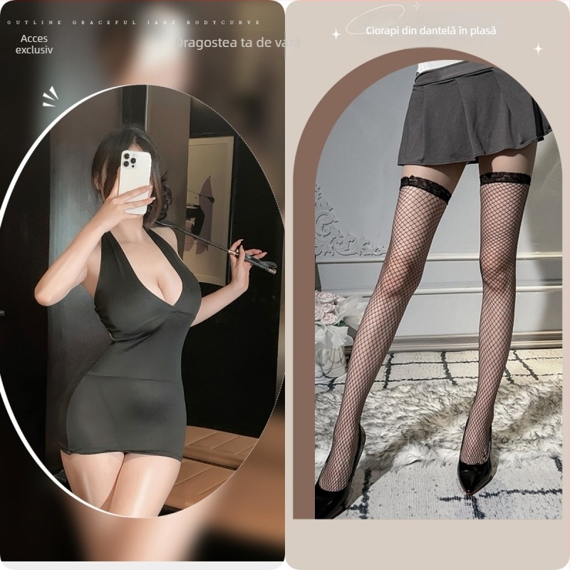 Fustă scurtă de lenjerie cu decolteu adânc în V, design inspirat de uniformă; material poliester, 90–95% poliester