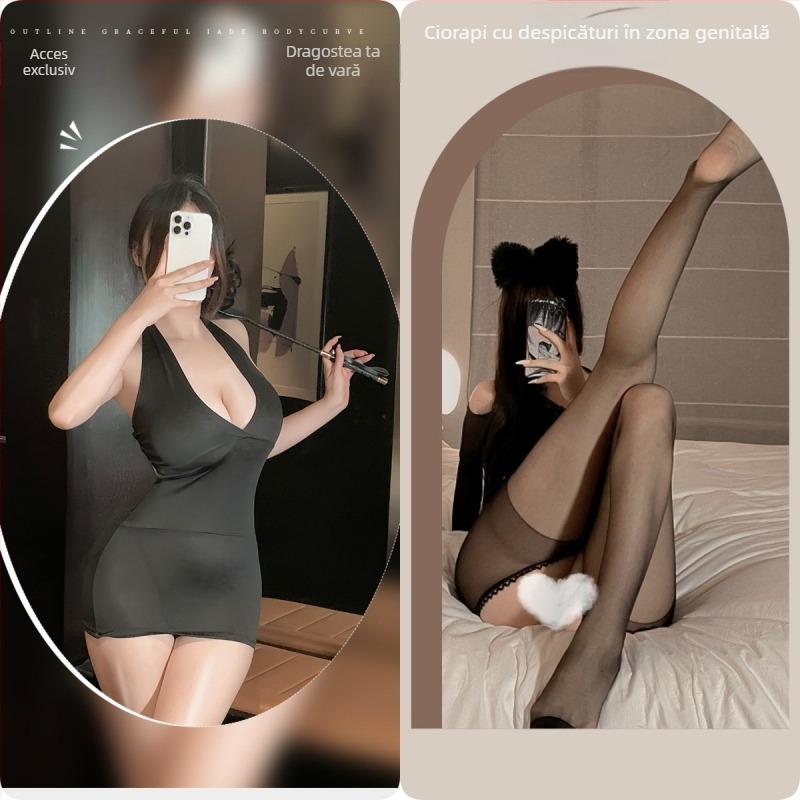 Fustă scurtă de lenjerie cu decolteu adânc în V, design inspirat de uniformă; material poliester, 90–95% poliester