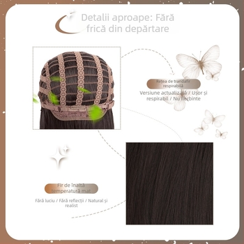 Perucă lungă cu păr drept și breton lateral, model XJ-GHH-005, material mătase proteică, procesare mecanizată, conturarea feței, aspect tânăr