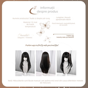 Perucă lungă cu păr drept și breton lateral, model XJ-GHH-005, material mătase proteică, procesare mecanizată, conturarea feței, aspect tânăr