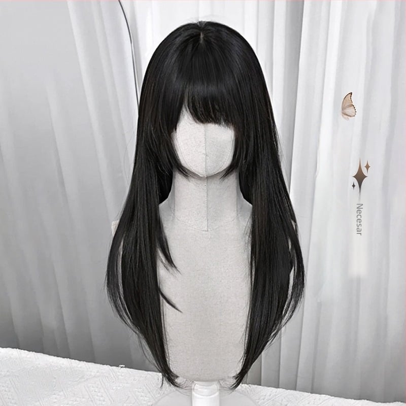 Perucă lungă cu păr drept și breton lateral, model XJ-GHH-005, material mătase proteică, procesare mecanizată, conturarea feței, aspect tânăr