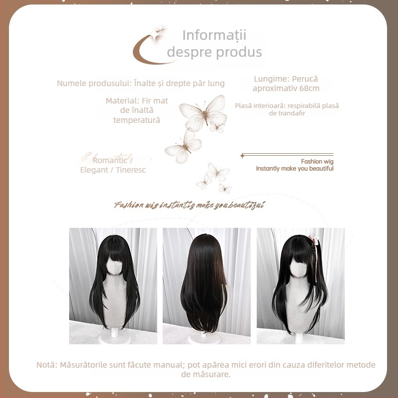 Perucă lungă cu păr drept și breton lateral, model XJ-GHH-005, material mătase proteică, procesare mecanizată, conturarea feței, aspect tânăr