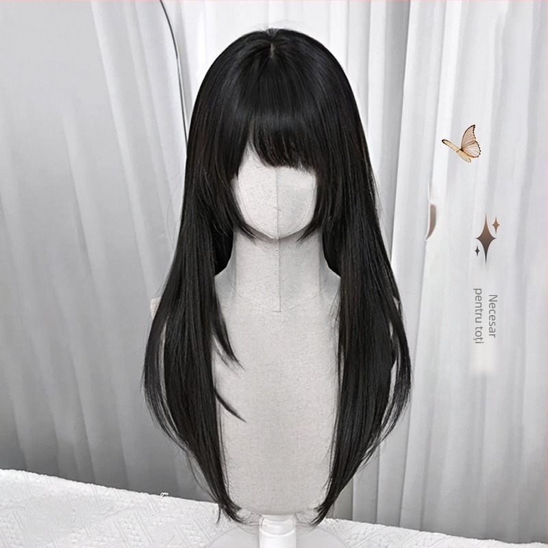 Perucă lungă cu păr drept și breton lateral, model XJ-GHH-005, material mătase proteică, procesare mecanizată, conturarea feței, aspect tânăr