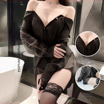 Rochie de noapte din chiffon pentru femei — transparentă, design inspirat de uniformă pentru joc de rol; țesătură: chiffon; conținut principal al materialului: 90–95% poliester