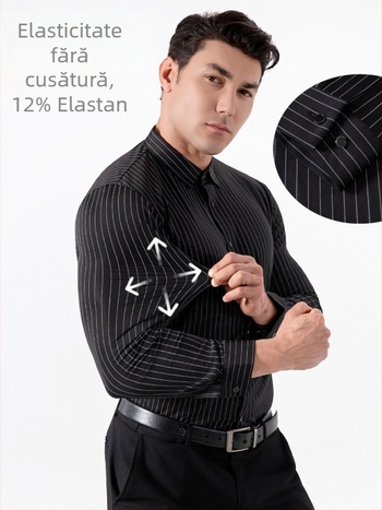 Cămașă dungată, elasticitate în patru direcții, rezistentă la cute, fără călcare, mâneci lungi