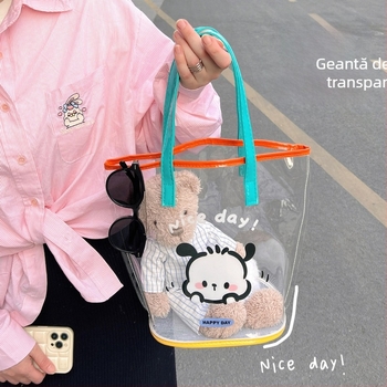 Geantă jelly transparentă din PVC, cilindrică, impermeabilă, buzunare pentru telefon și ID, curele duble