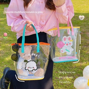 Geantă jelly transparentă din PVC, cilindrică, impermeabilă, buzunare pentru telefon și ID, curele duble