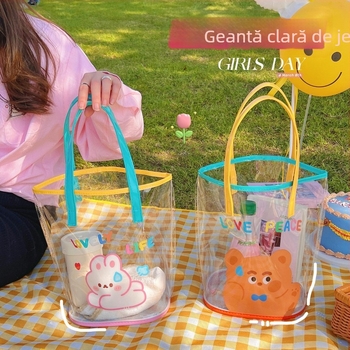 Geantă jelly transparentă din PVC, cilindrică, impermeabilă, buzunare pentru telefon și ID, curele duble