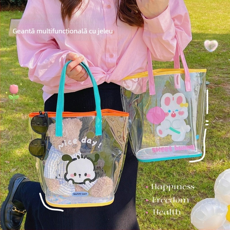 Geantă jelly transparentă din PVC, cilindrică, impermeabilă, buzunare pentru telefon și ID, curele duble