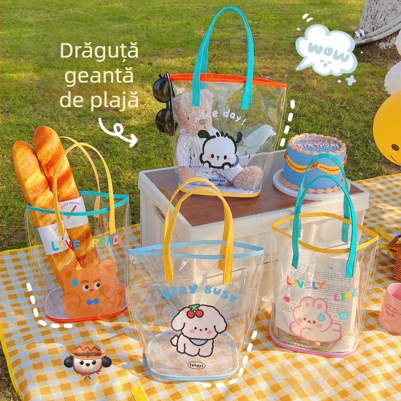 Geantă jelly transparentă din PVC, cilindrică, impermeabilă, buzunare pentru telefon și ID, curele duble