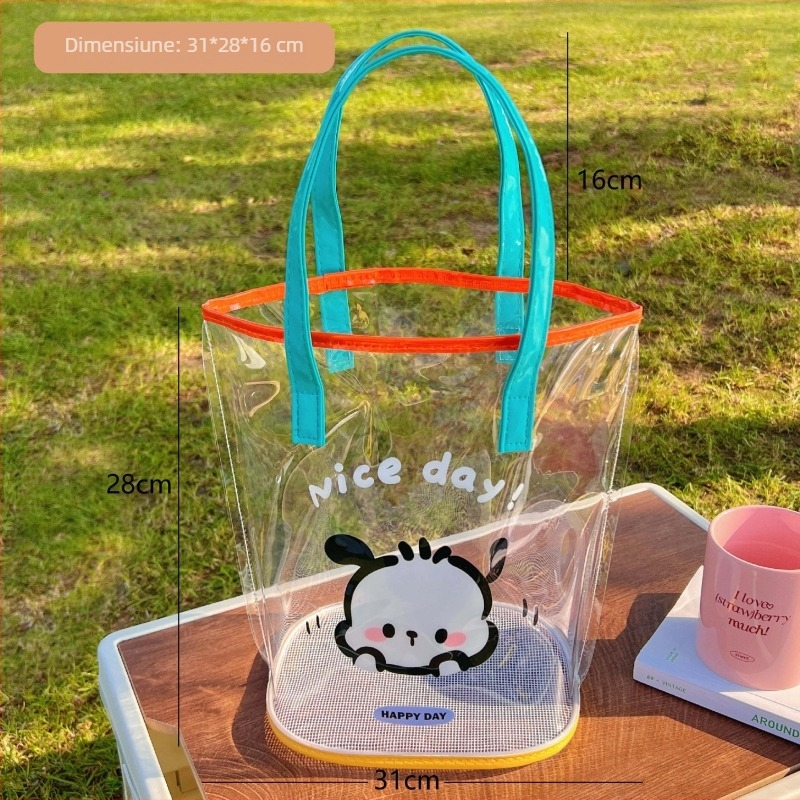 Geantă jelly transparentă din PVC, cilindrică, impermeabilă, buzunare pentru telefon și ID, curele duble