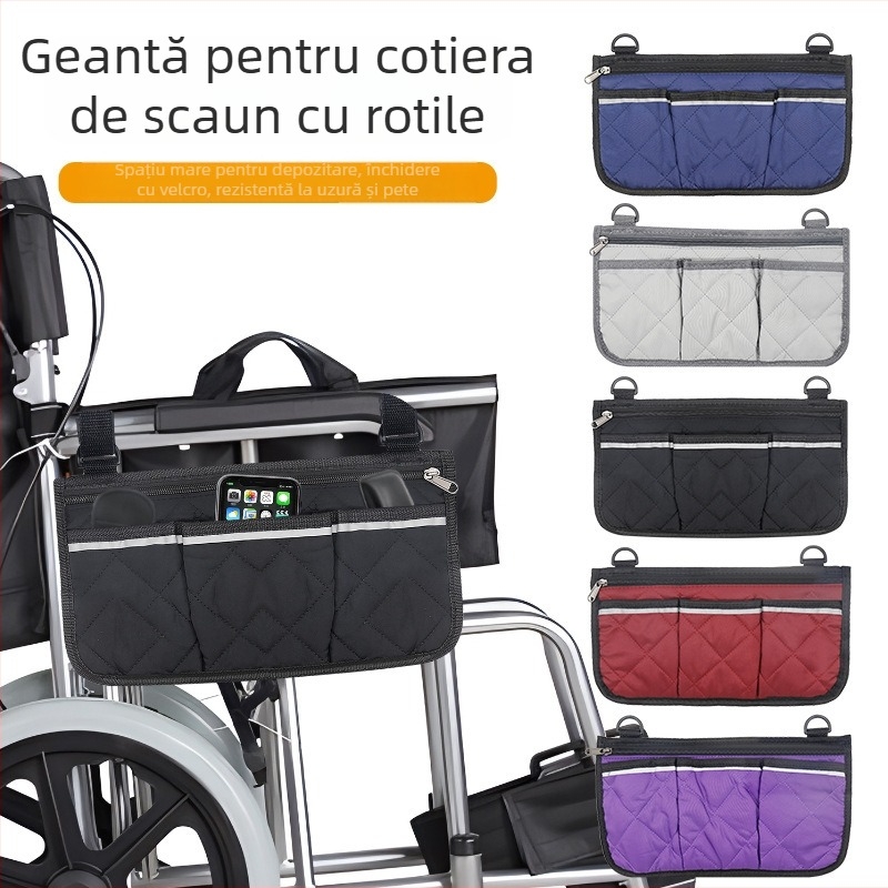 Geantă laterală de depozitare pentru scaun cu rotile — buzunar multifuncțional cu benzi reflectorizante, formă pătrată, pentru călătorii și cărucioare