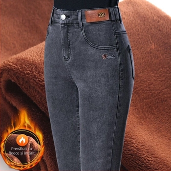 Jeansi cu talie înaltă din denim-cotton, croială evazată, lungi