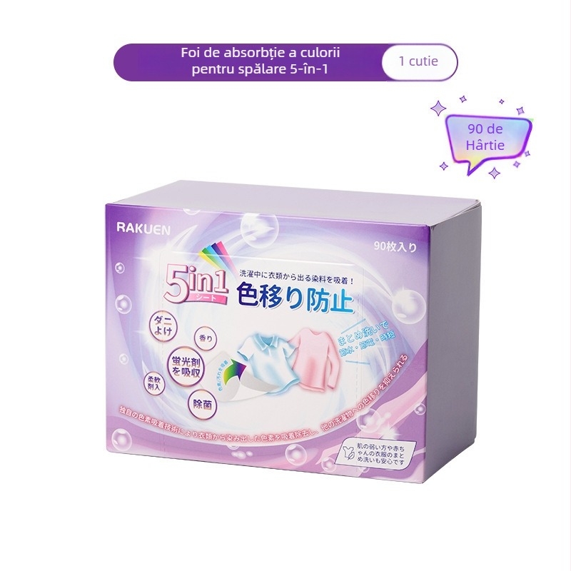 Foițe absorbante de culoare pentru rufe, stil japonez - 5 în 1, anti-pete, anti-transfer de culoare, parfum de durată (90 de foi)
