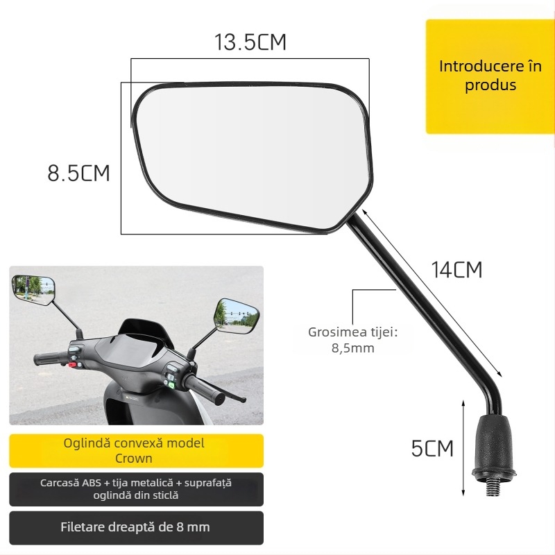 Oglindă retrovizoare convexă cu suprafață anti-orbire pentru scutere; material plastic + sticlă; montaj filet 8mm; compatibil Xiaoniu/Yadea No.9