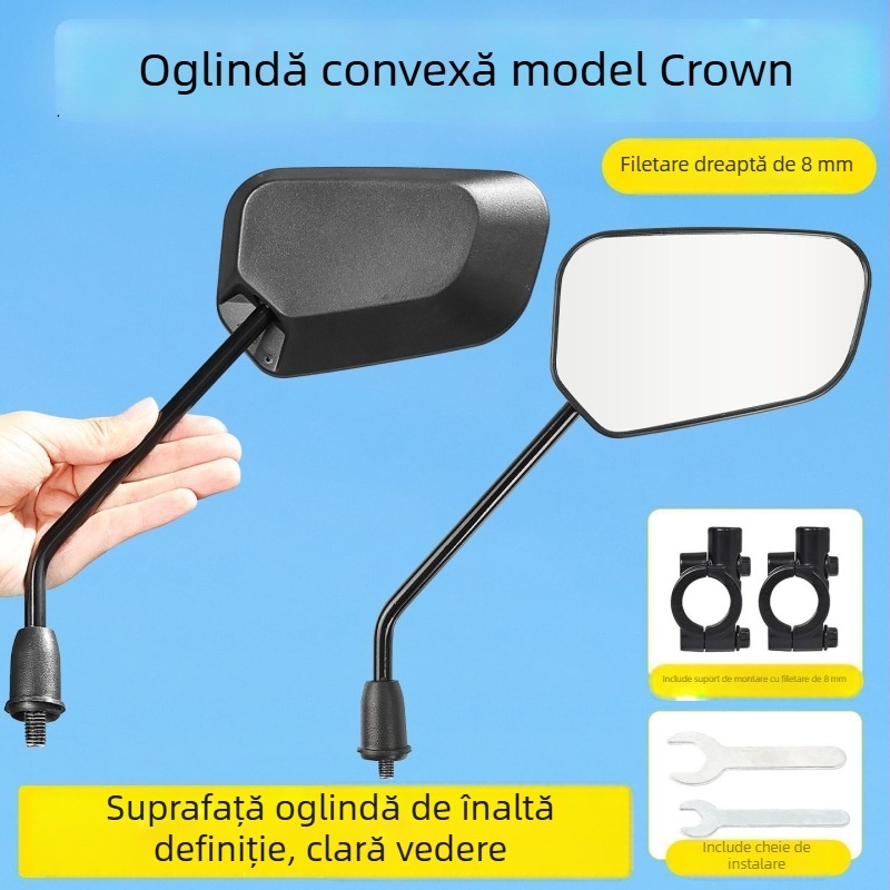 Oglindă retrovizoare convexă cu suprafață anti-orbire pentru scutere; material plastic + sticlă; montaj filet 8mm; compatibil Xiaoniu/Yadea No.9