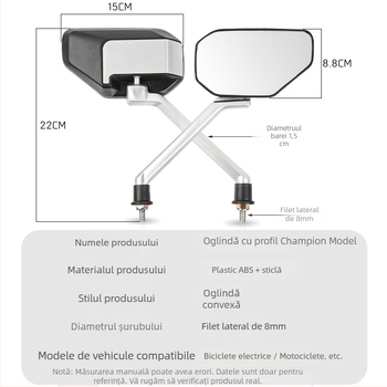 Oglindă retrovizoare pentru motociclete electrice, ABS plastic + sticlă, Mogelon