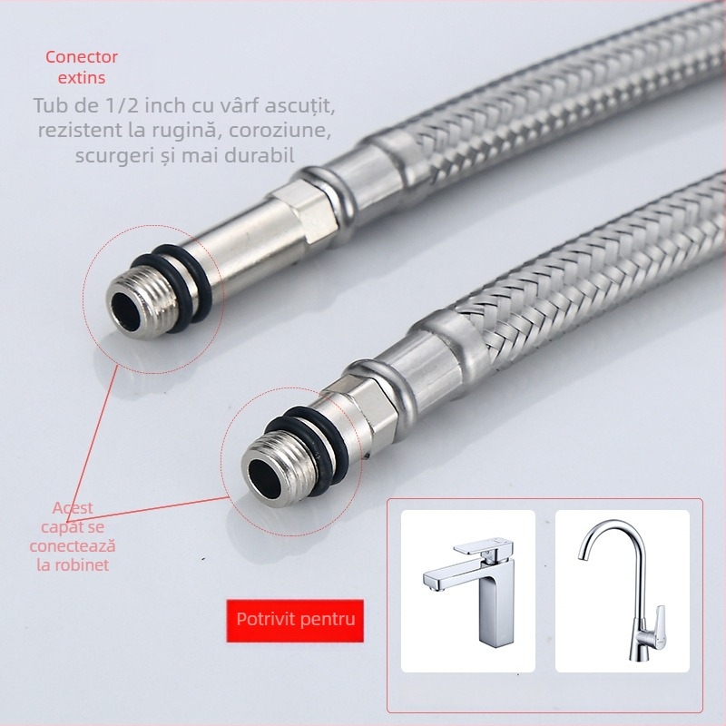 Vimus furtun de alimentare cu apă din oțel inoxidabil 304 pentru robineți, model V1406, conexiune filetată, presiune nominală 1.0, interval de temperatură -15 la 90, material: oțel inoxidabil