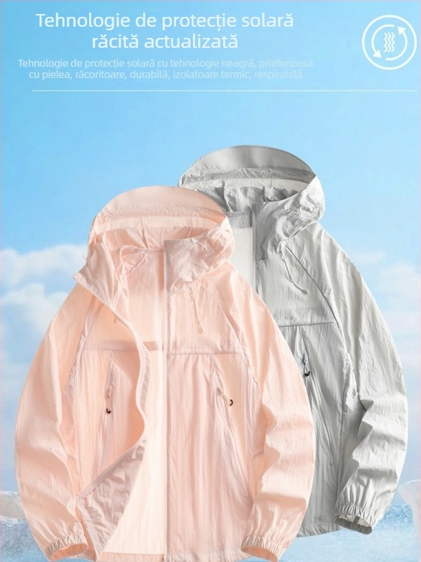 Jachetă unisex ușoară cu protecție UV, stil montan, din nylon, cu glugă, respirabilă
