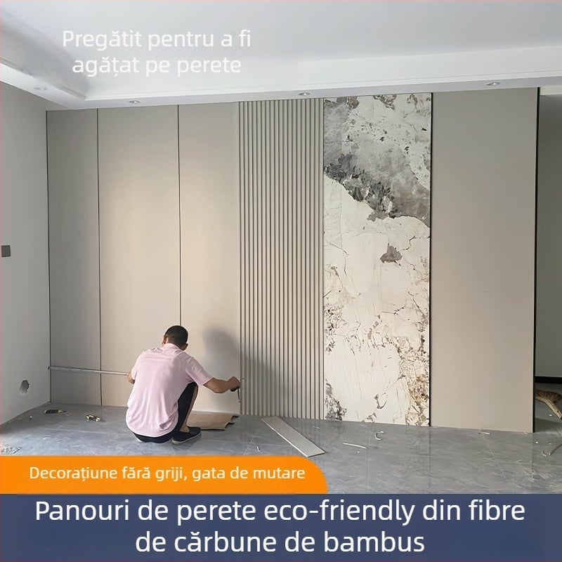 Panou decorativ pentru perete din fibră de bambus cu carbon; suprafață din lemn, fără îmbinări, rezistent la apă și umiditate, stil modern minimalist, Modelul 9.3