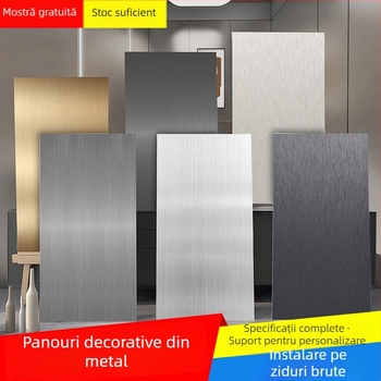 Panou metalic decorativ pentru perete cu fibre din bambus și cărbune de bambus; finisaj cu furnir de lemn, design fără îmbinare, stil modern minimalist.
